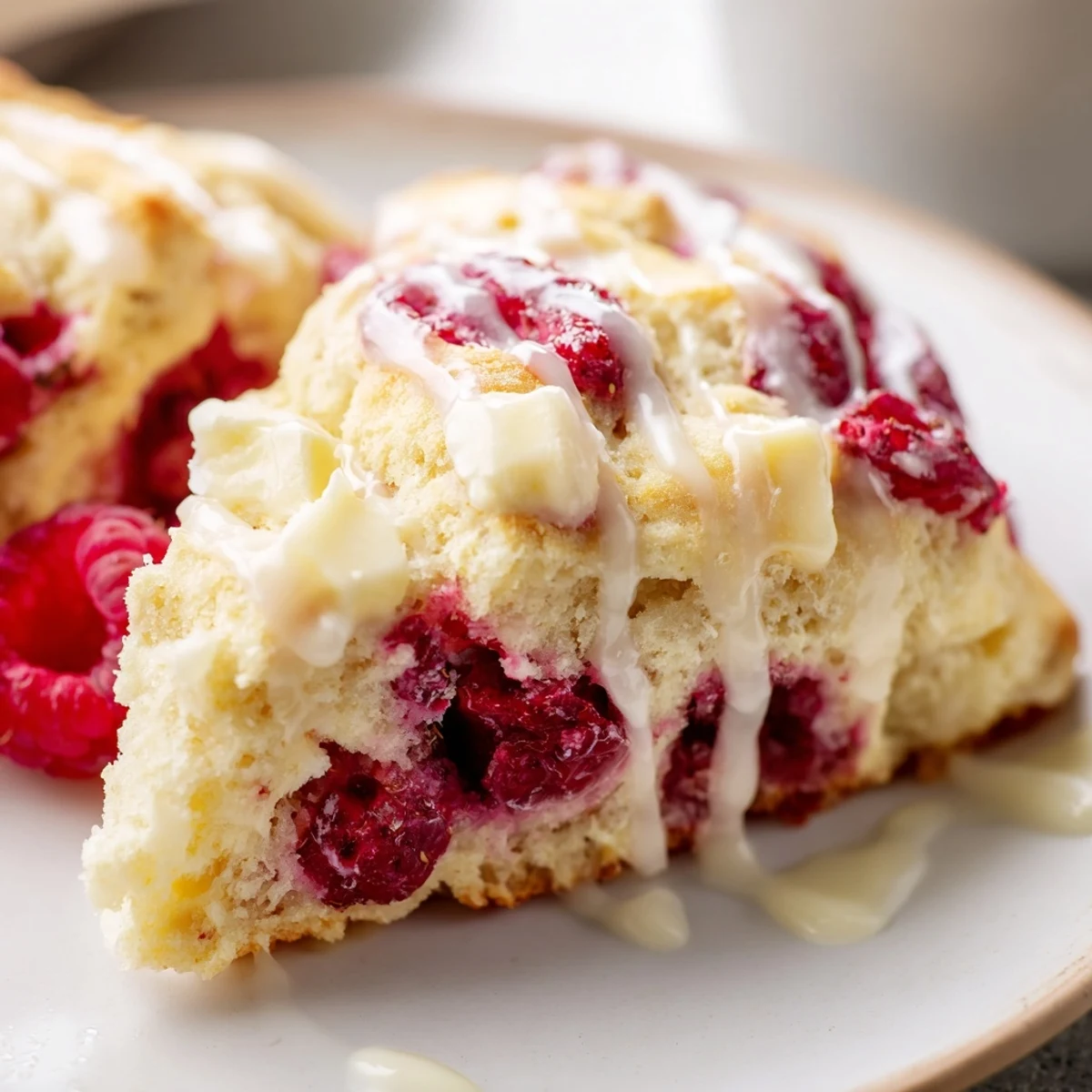 Freshly glazed Raspberry White Chocolate Scones stacked on a white plate, showcasing tender crumb and melty white chocolate.