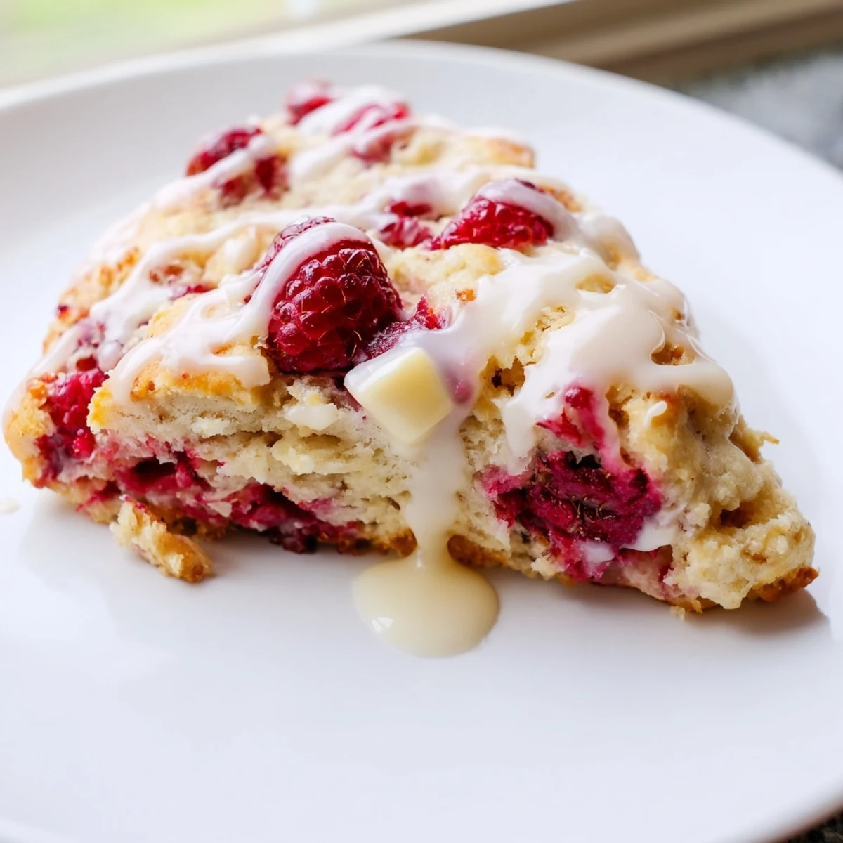 Warm Raspberry White Chocolate Scones served with tea and fresh raspberries on a rustic wooden table.