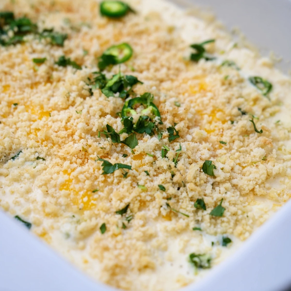 Golden-brown Jalapeno Popper Dip served with tortilla chips and sliced baguette for dipping.  