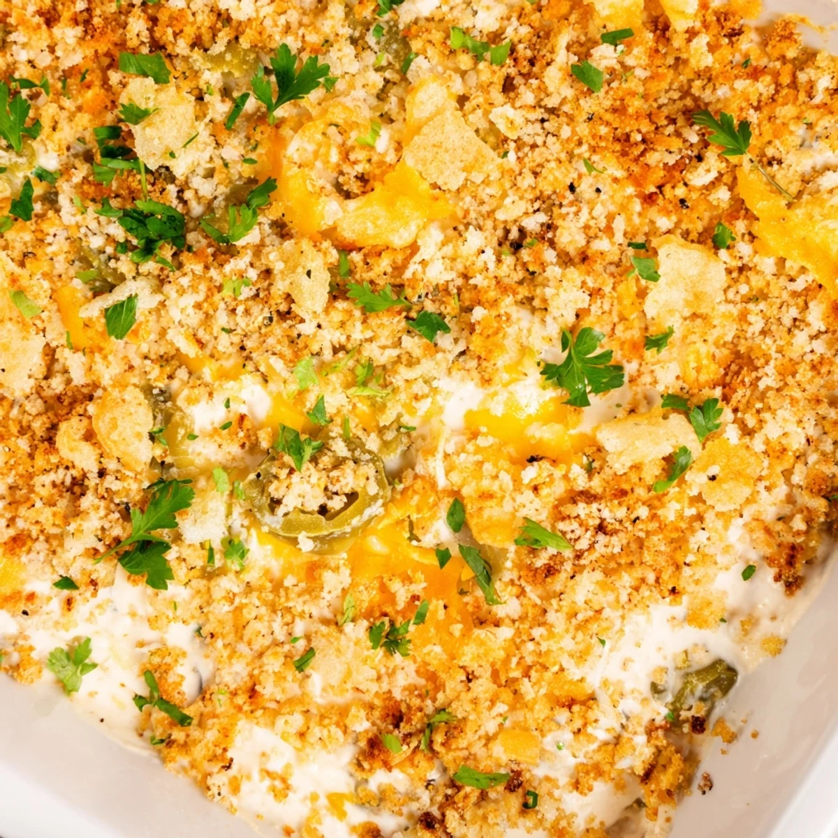 Creamy Jalapeno Popper Dip with cream cheese and melted cheddar, baked until golden and bubbly.  