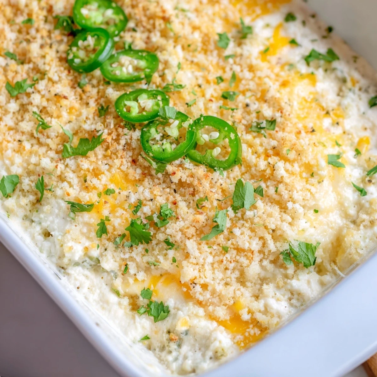 Bubbling Jalapeno Popper Dip topped with crispy panko and fresh jalapeño garnish.