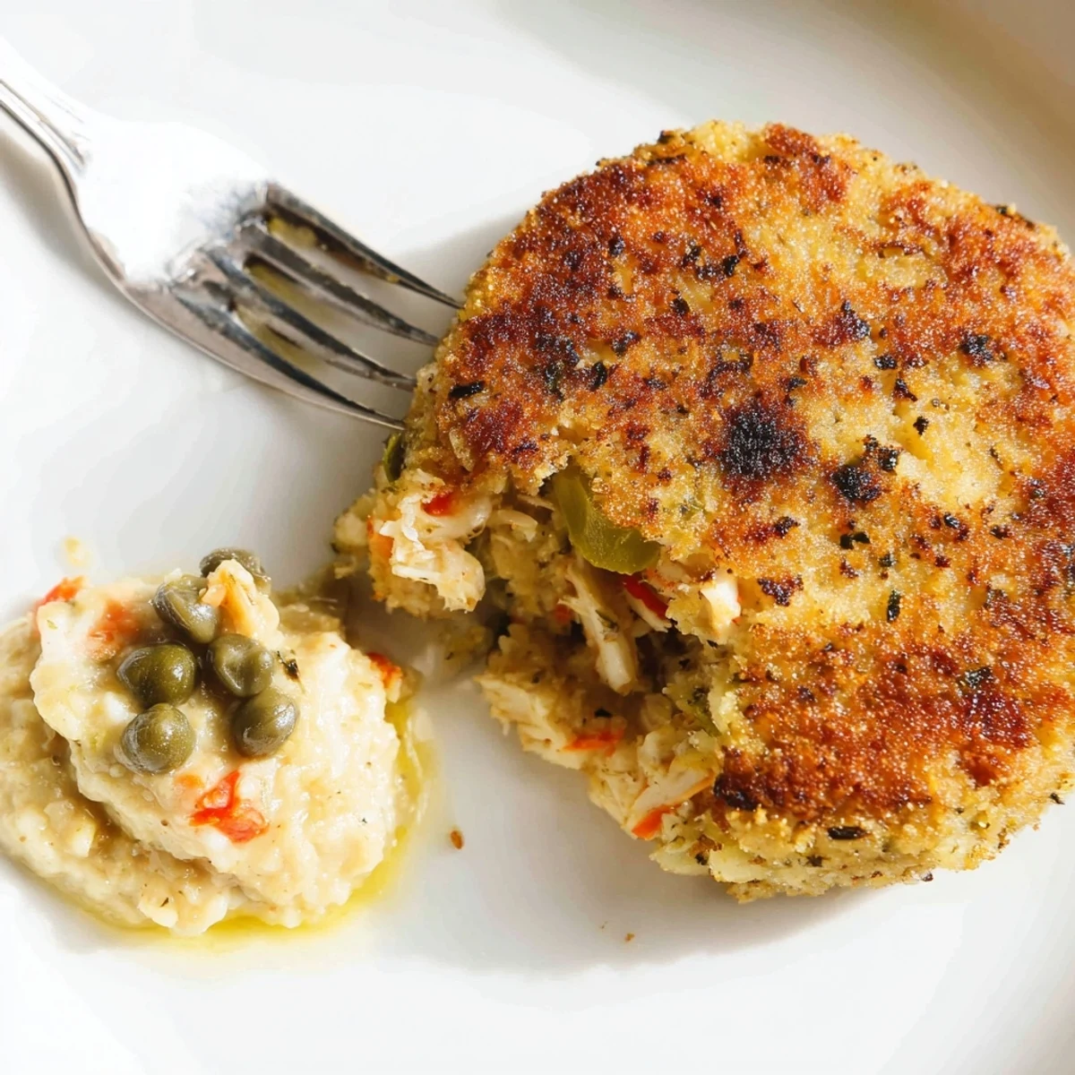 Close-up view of crispy Cajun Crab Cakes with Remoulade Sauce showing flaky lump crab meat and specks of Cajun seasoning beside a creamy dipping sauce.