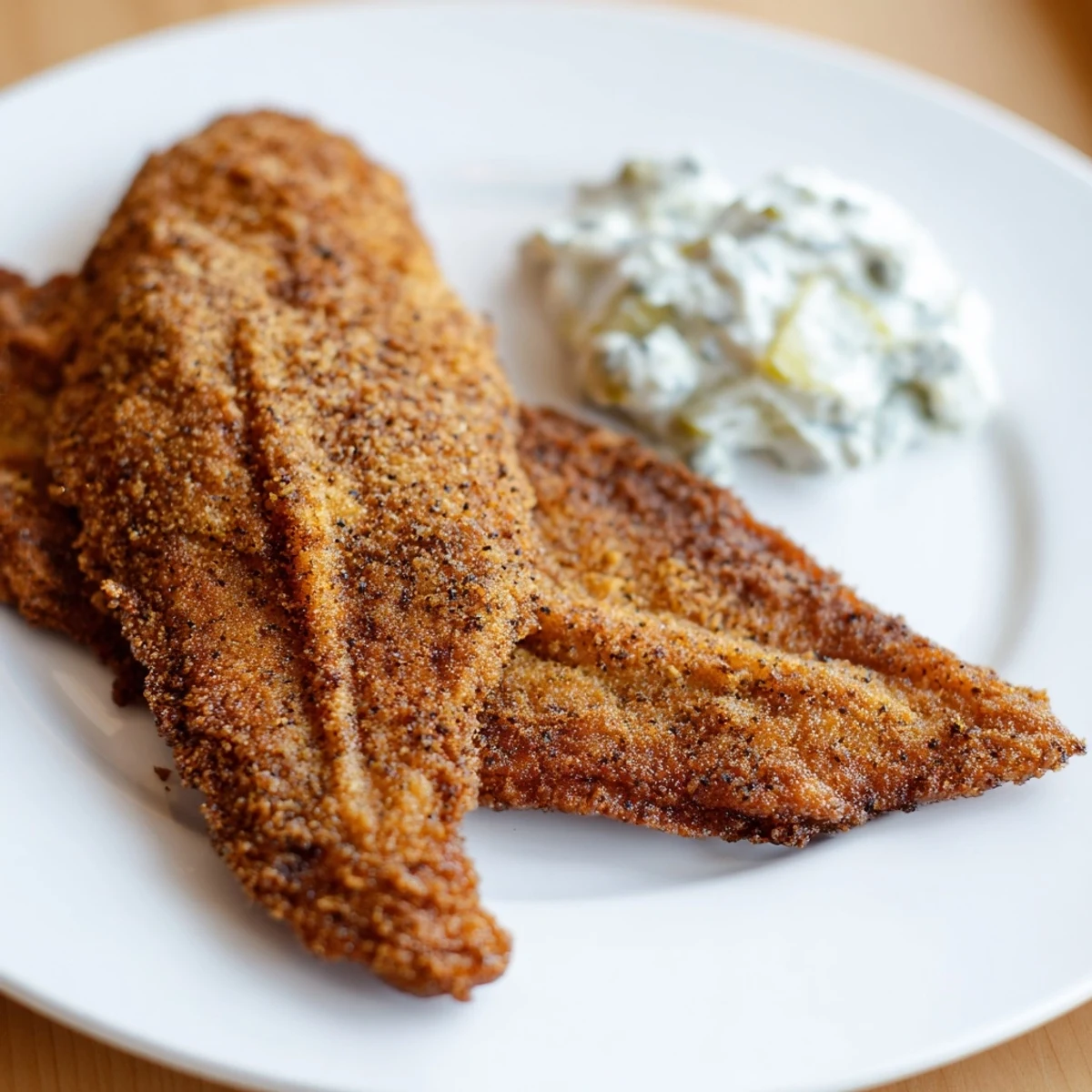 Golden, crispy Louisiana Style Fried Catfish fillets with a side of creamy homemade tartar sauce on a plate.