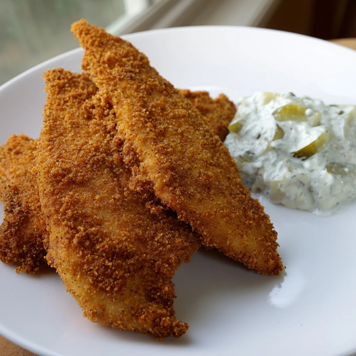 Golden-brown fried catfish seasoned with Cajun spices served alongside tangy tartar sauce and lemon wedges.