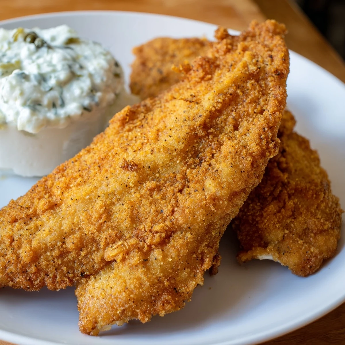 A plate of crunchy Southern Style Fried Catfish with tartar sauce, coleslaw, and hush puppies for dinner.