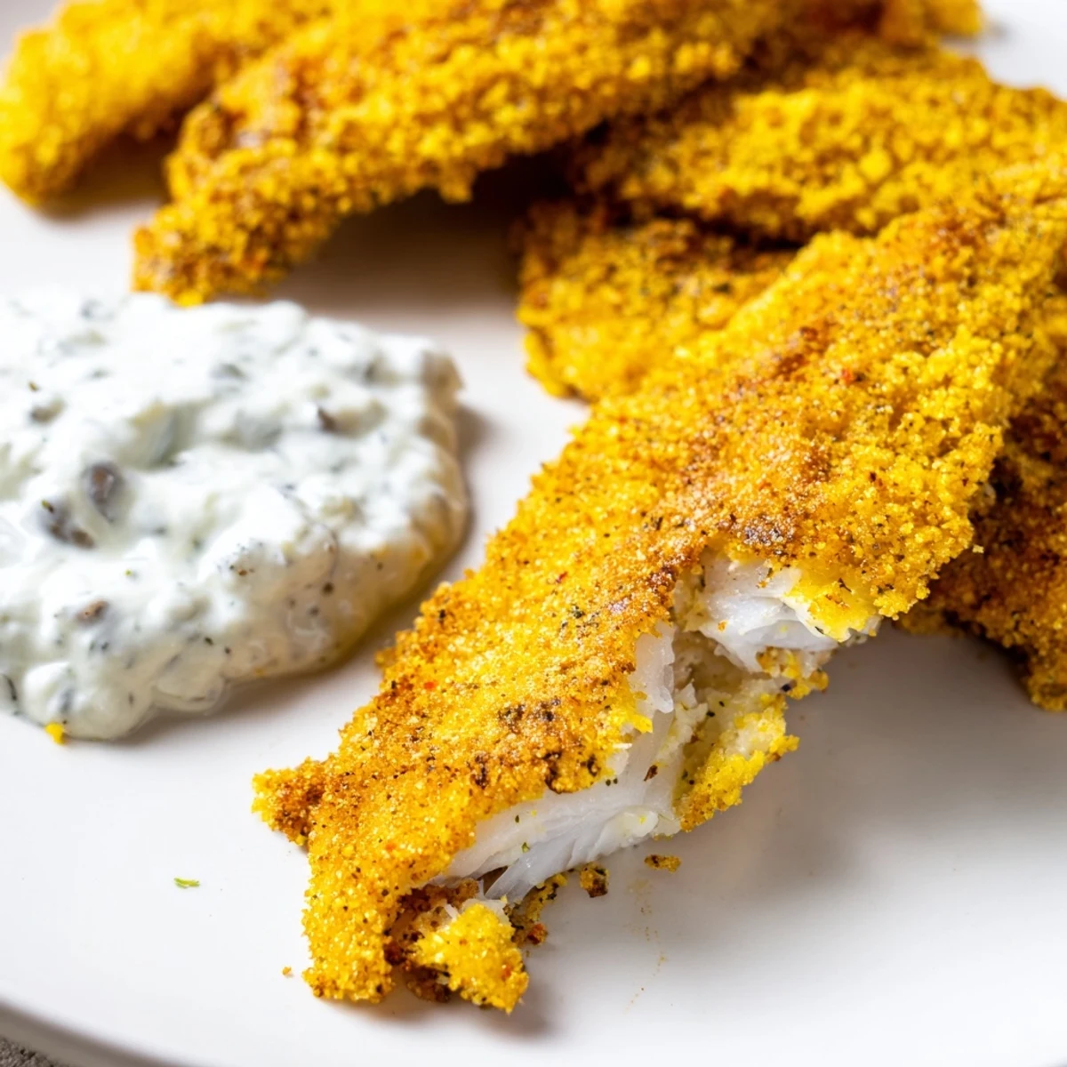 Golden, crispy Louisiana Style Fried Catfish fillets served with creamy homemade tartar sauce and lemon wedges.