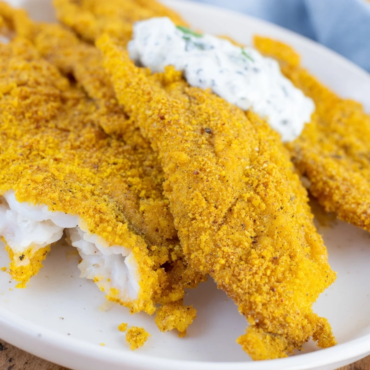Golden-brown catfish fillets prepared with Cajun spices and cornmeal coating, paired with tangy tartar sauce on the side.