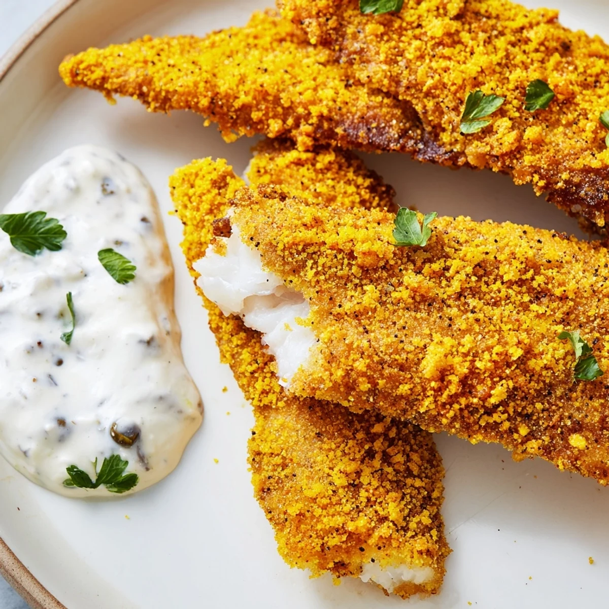 Southern Louisiana Style Fried Catfish with Tartar Sauce, garnished with fresh parsley and served with crispy fries.