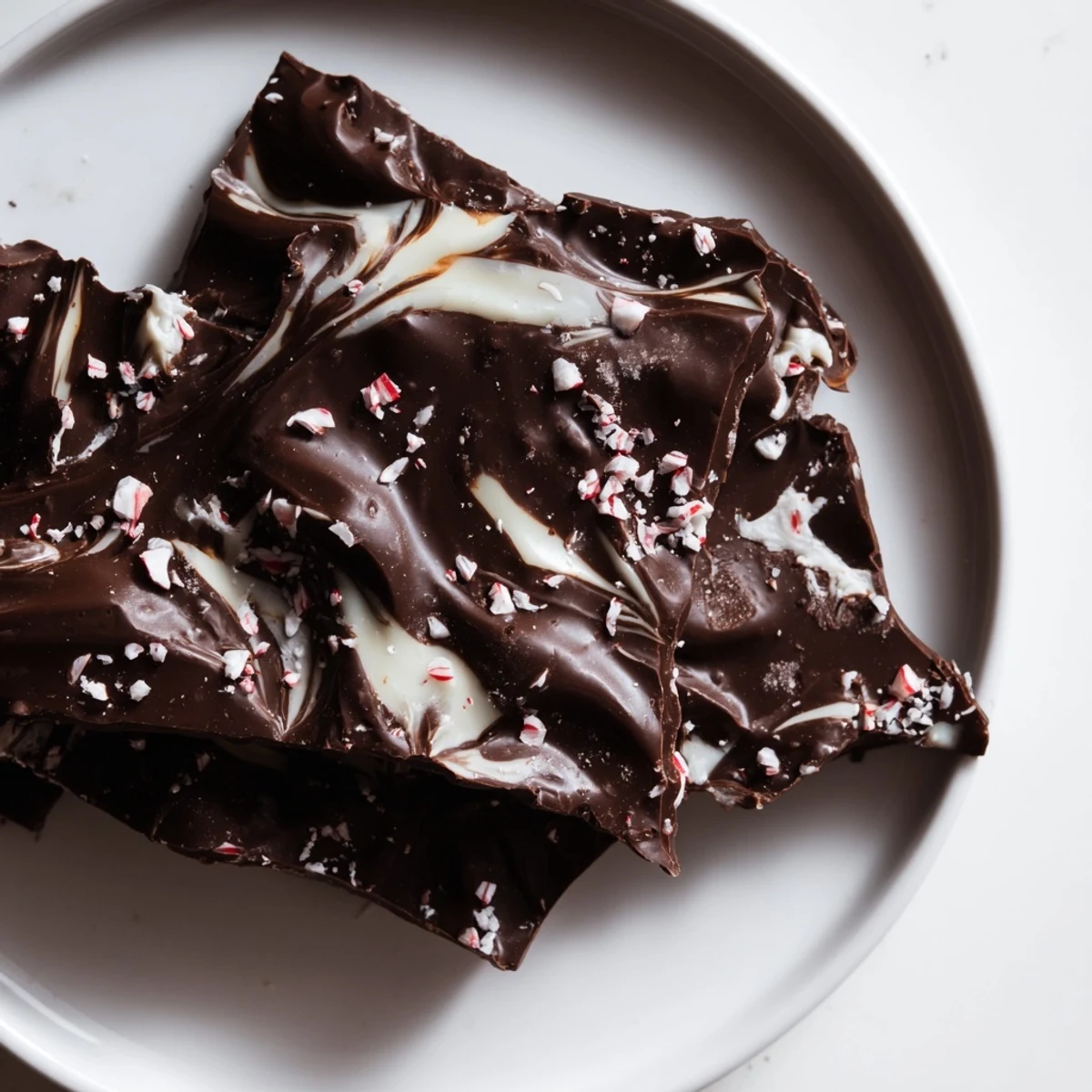 Dark chocolate bark with minty flavor, broken into rustic pieces for gifting or snacking.