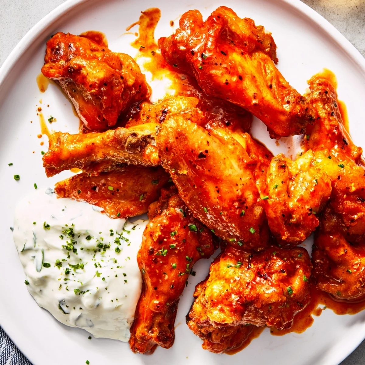 Golden-brown crispy Spicy Chicken Wings with Ranch Dressing, glistening with fiery sauce and fresh herbs, ready to be dipped.