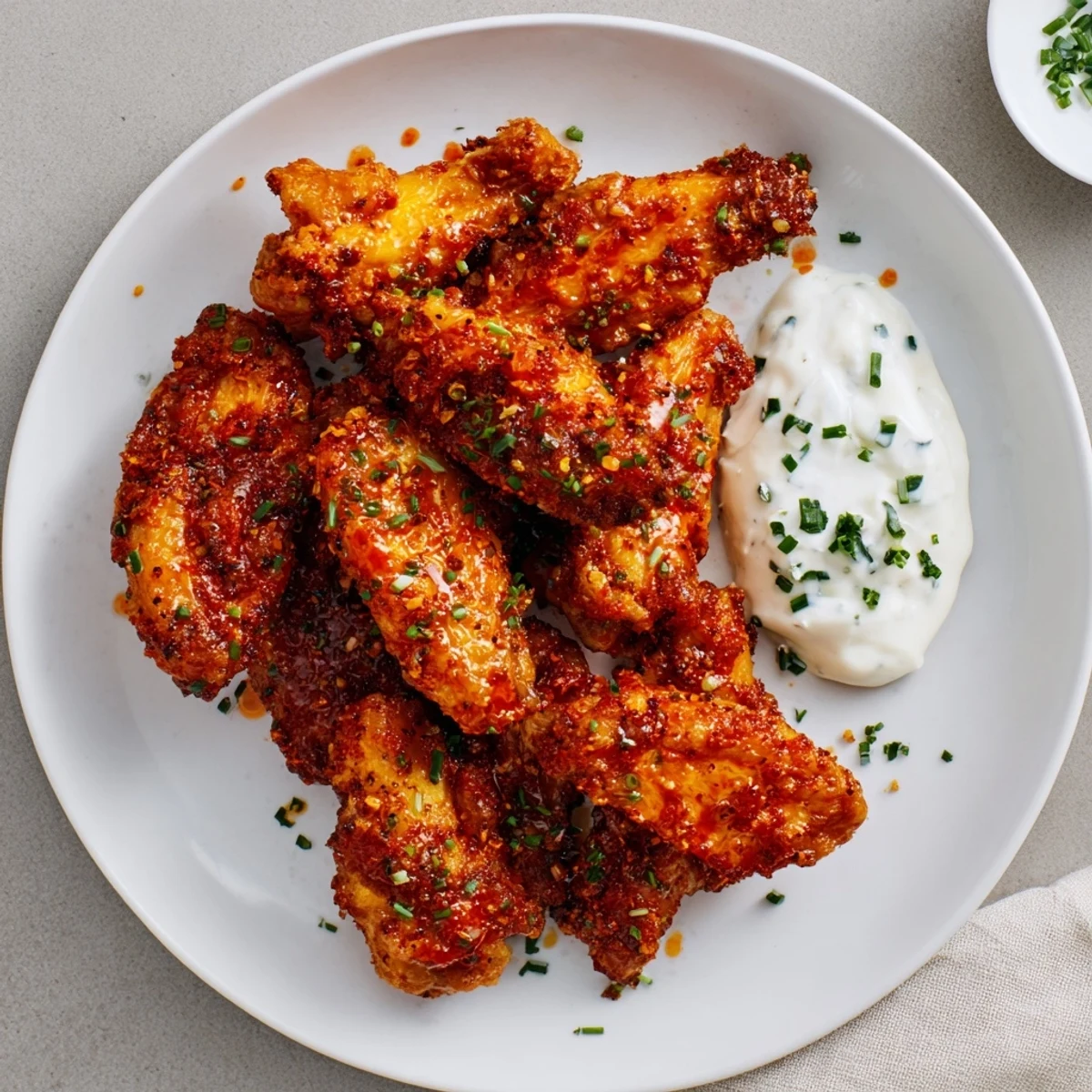 Sizzling Spicy Chicken Wings with Ranch Dressing, tossed in homemade hot sauce, served alongside a creamy green-herb dip.
