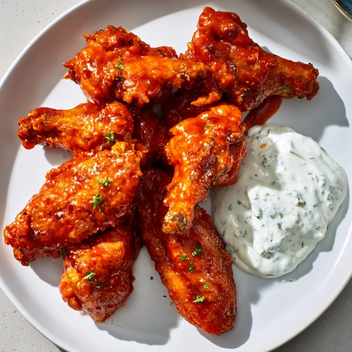 A platter of baked Spicy Chicken Wings with Ranch Dressing, garnished with chives, perfect for a game day spread.