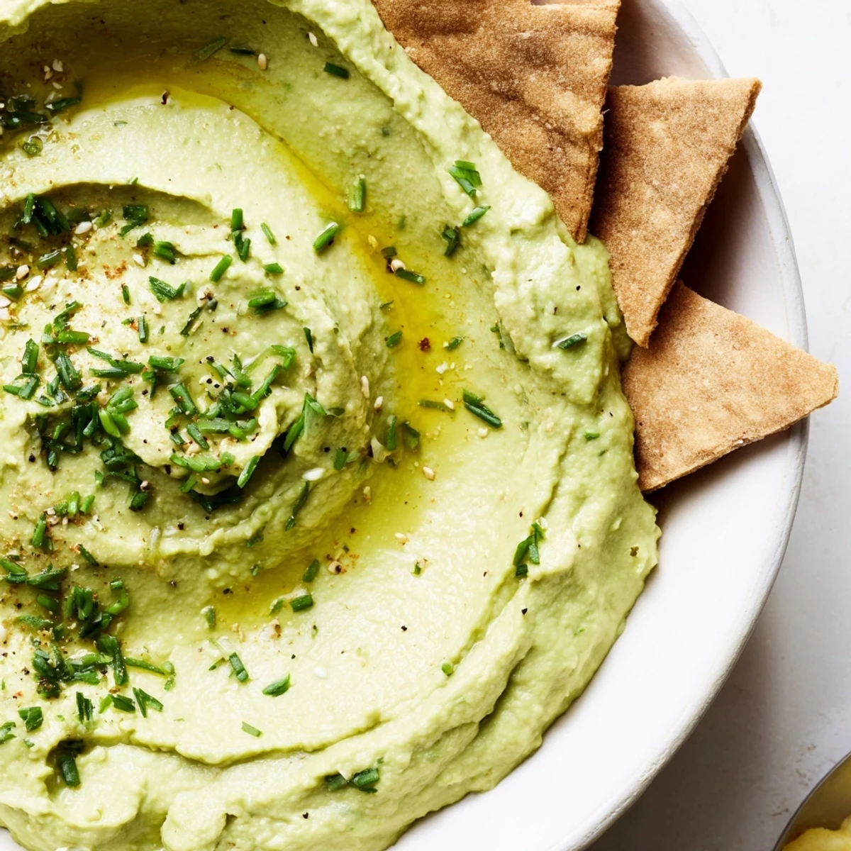 Bright green avocado hummus spread on a pita chip, highlighting its creamy texture and savory garnish.