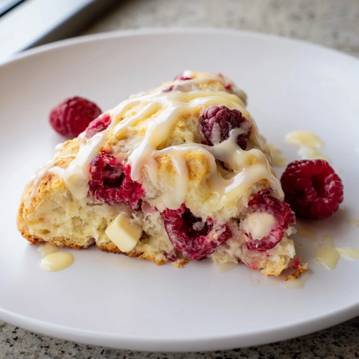 Raspberry White Chocolate Scones drizzled with glaze, stacked on a rustic wooden board for serving.  