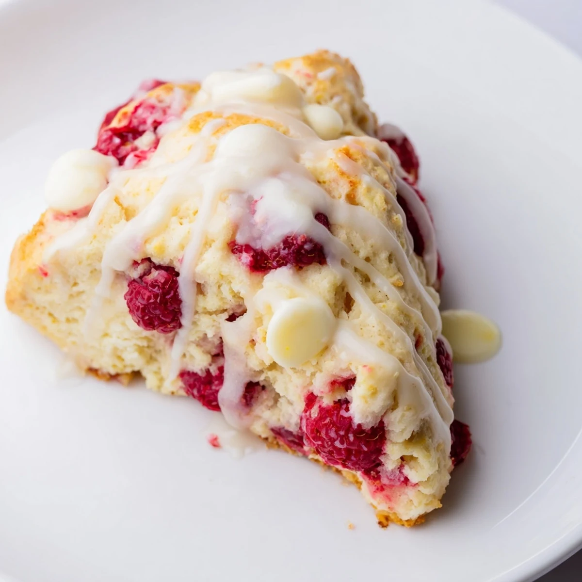 Freshly baked Raspberry White Chocolate Scones with a sweet vanilla glaze, served warm for breakfast.  