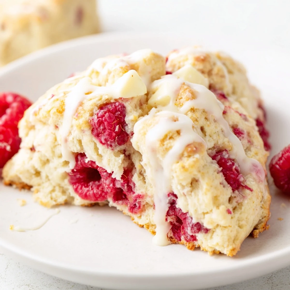 Golden Raspberry White Chocolate Scones with juicy berries and creamy white chocolate chips on a tray.