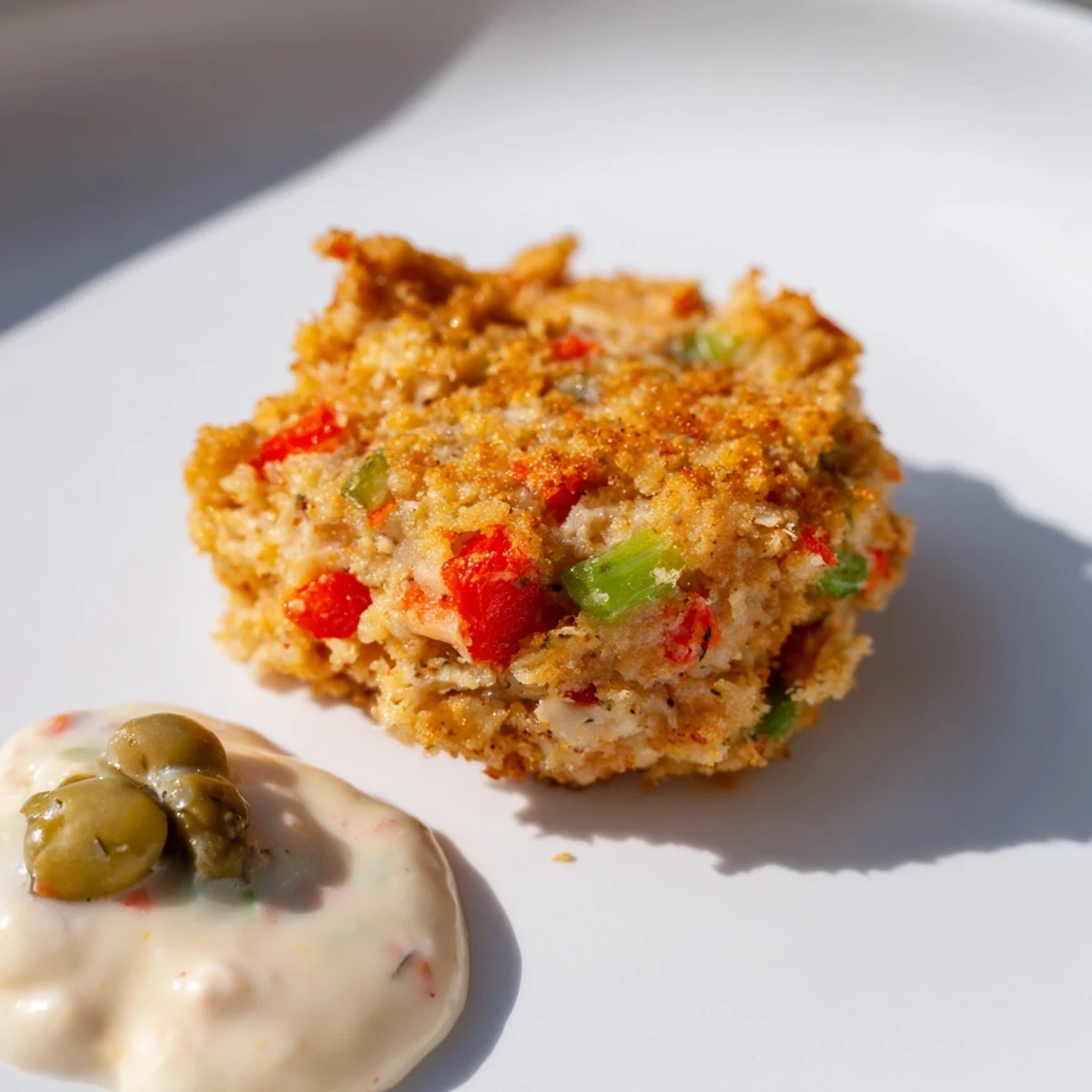 Golden, crispy Cajun Crab Cakes with Remoulade Sauce, garnished with fresh parsley and served with lemon wedges.