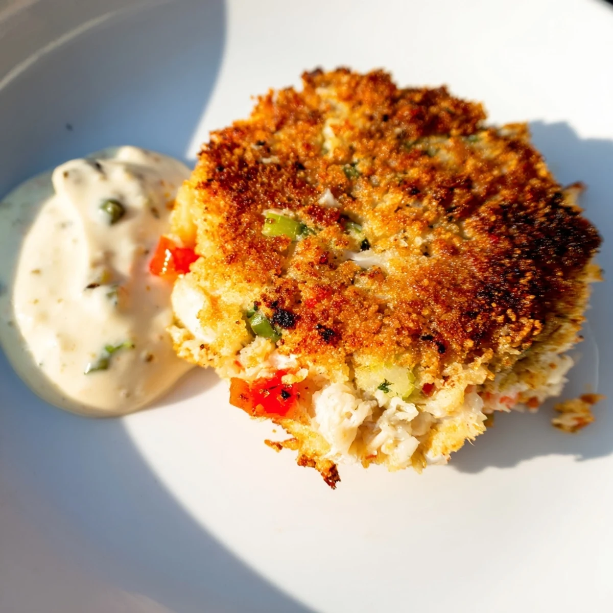 A close-up of Cajun Crab Cakes with Remoulade Sauce, showing flaky crab inside and a creamy dipping sauce.