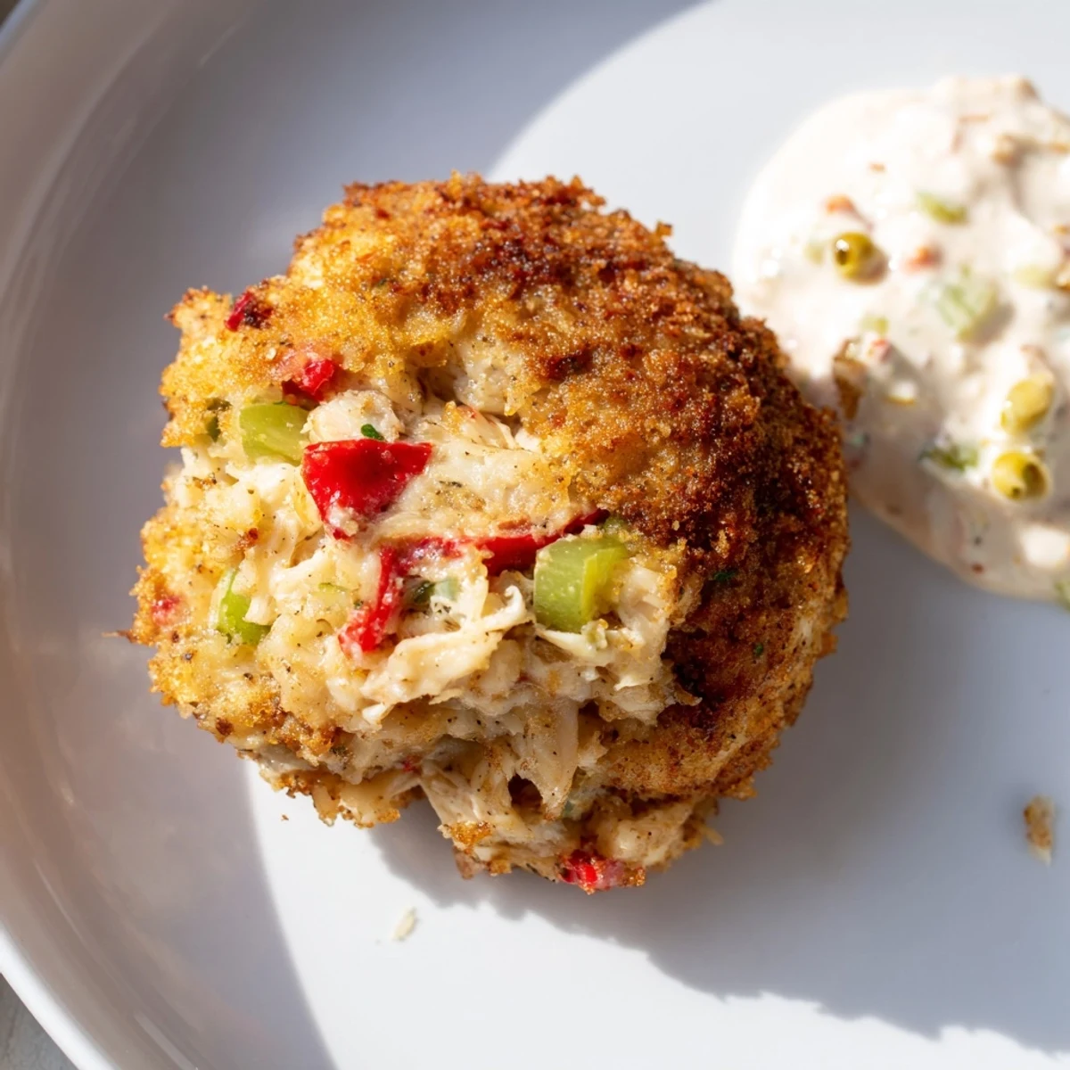 Cajun Crab Cakes with Remoulade Sauce are pan-fried to a perfect golden brown and ready to serve.