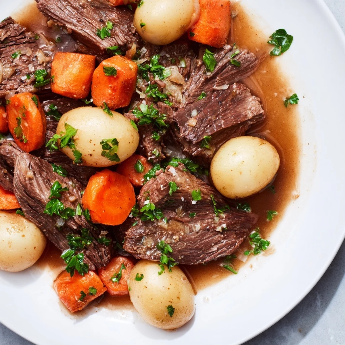 A golden-brown Irish Beef Pot Roast with Carrots and Potatoes, simmering in a rich, savory broth in a Dutch oven.