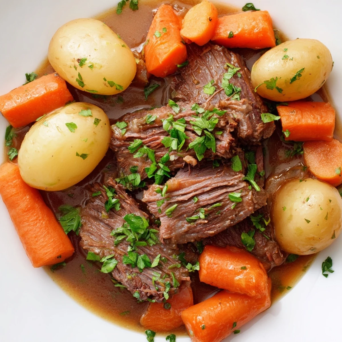 Tender slices of Irish Beef Pot Roast served with glazed carrots, potatoes, and fresh parsley on a rustic dinner table.