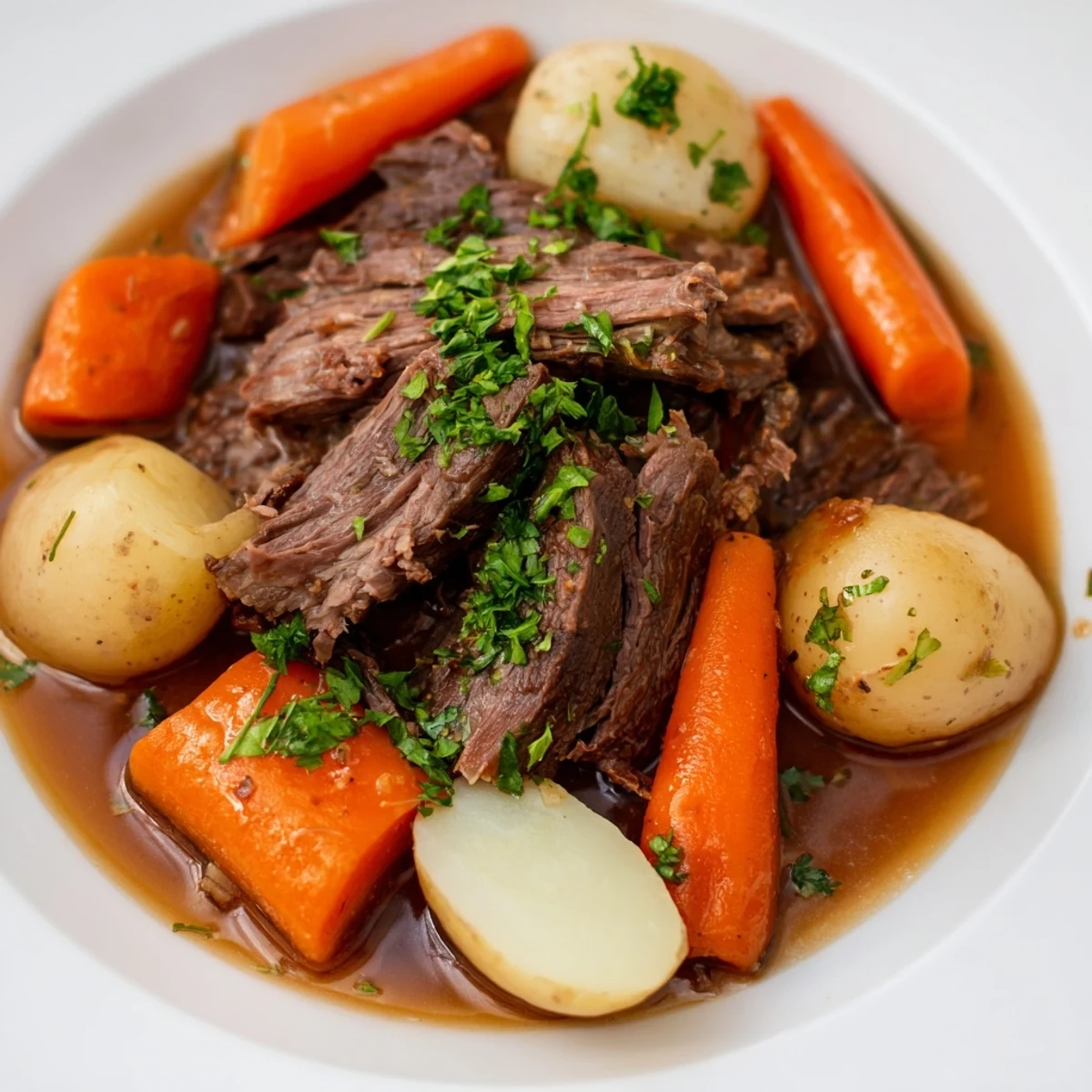Savory Irish Beef Pot Roast with carrots and potatoes, garnished with thyme and ready to serve with pan juices.