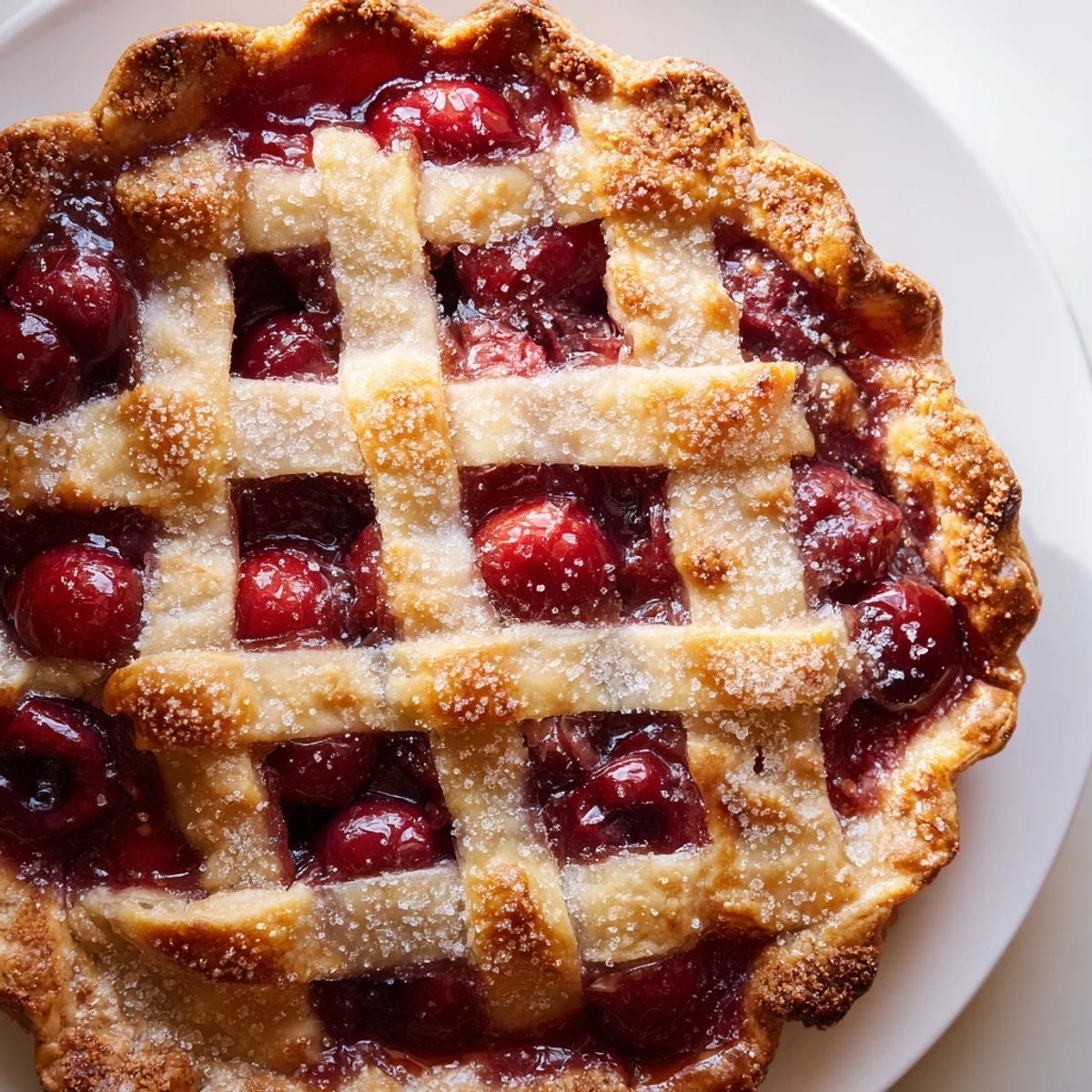 Golden cherry pie with a lattice crust sparkling with sugar, ready to serve.