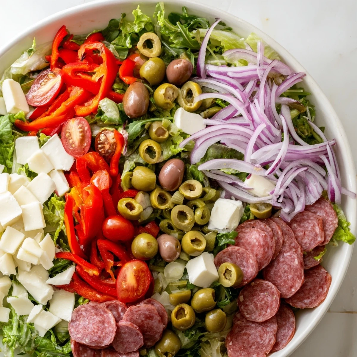 Freshly tossed New Orleans Muffuletta Salad with crunchy romaine, cherry tomatoes, and zesty Italian pickled vegetables.