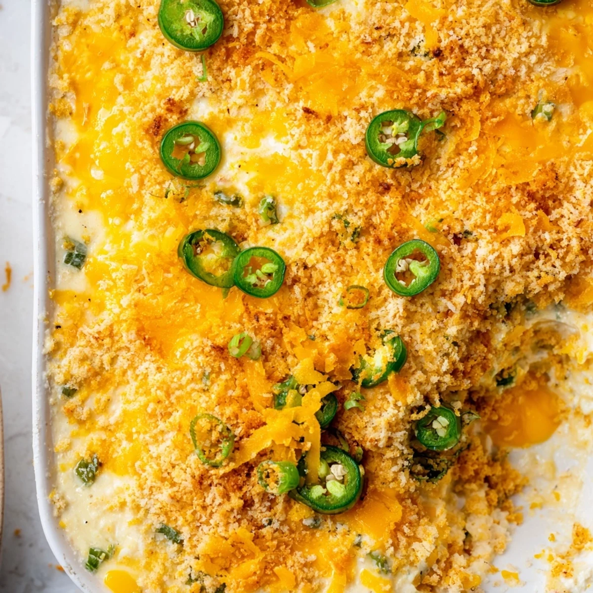 Golden baked Jalapeno Popper Dip with creamy cheese and crunchy panko topping served with tortilla chips.