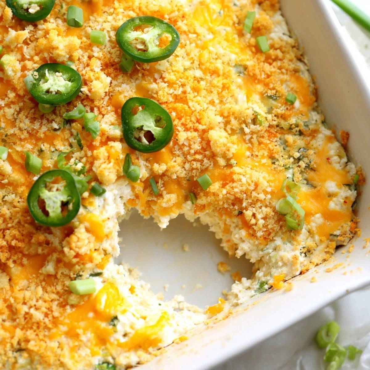 Freshly baked Jalapeno Popper Dip bubbling from the oven, garnished with jalapeno slices and green onions.
