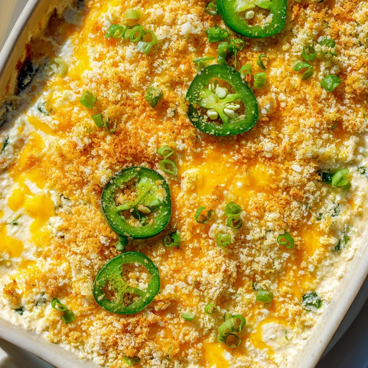 Warm Jalapeno Popper Dip in a white baking dish, paired with crackers and extra jalapeno garnish.
