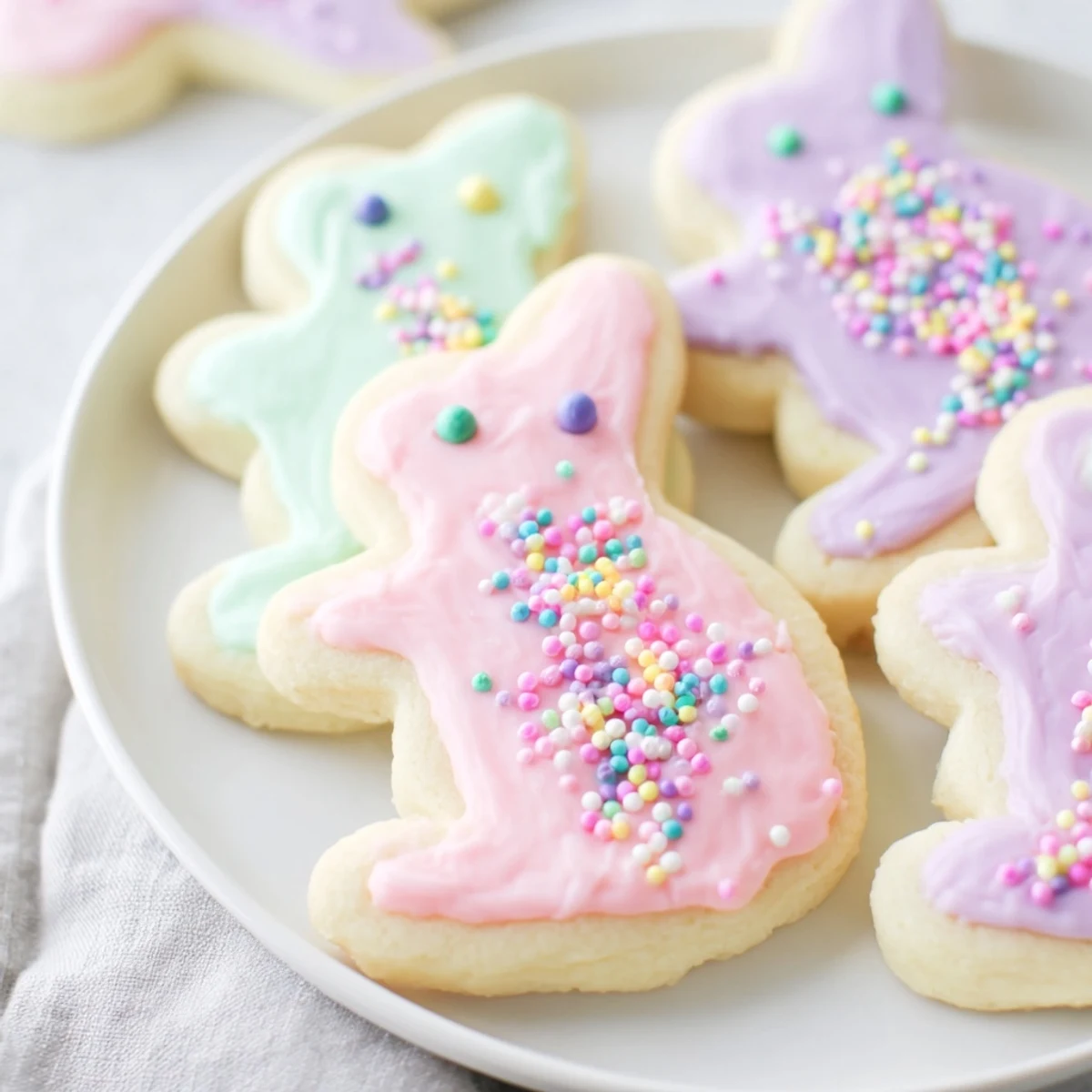 A stack of warm Easter Bunny Sugar Cookies drizzled with white icing shows off their buttery crumb and adorable bunny shapes.