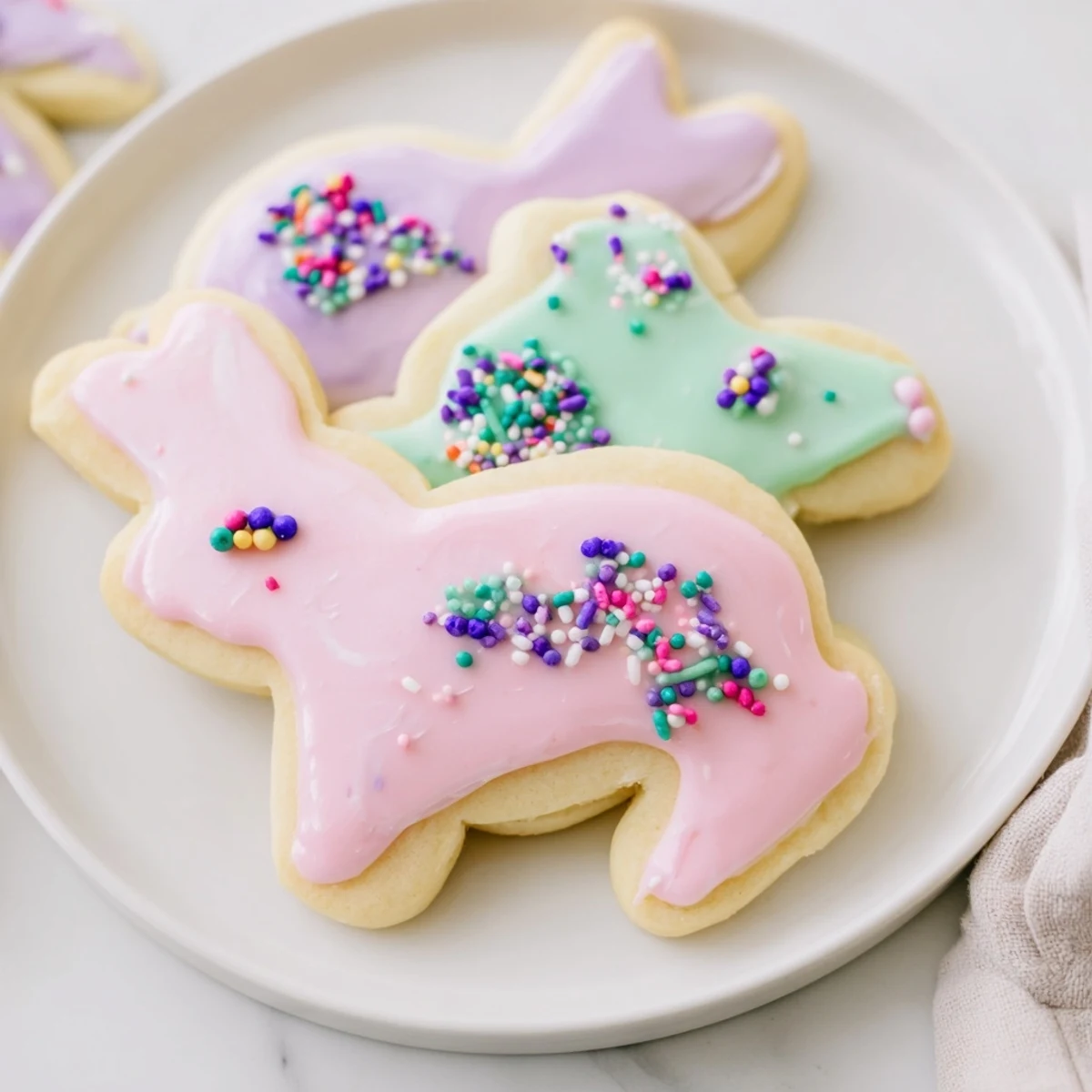 Vibrant Easter Bunny Sugar Cookies, freshly iced with pastel pink and blue swirls, sit ready for holiday celebrations on a festive table.