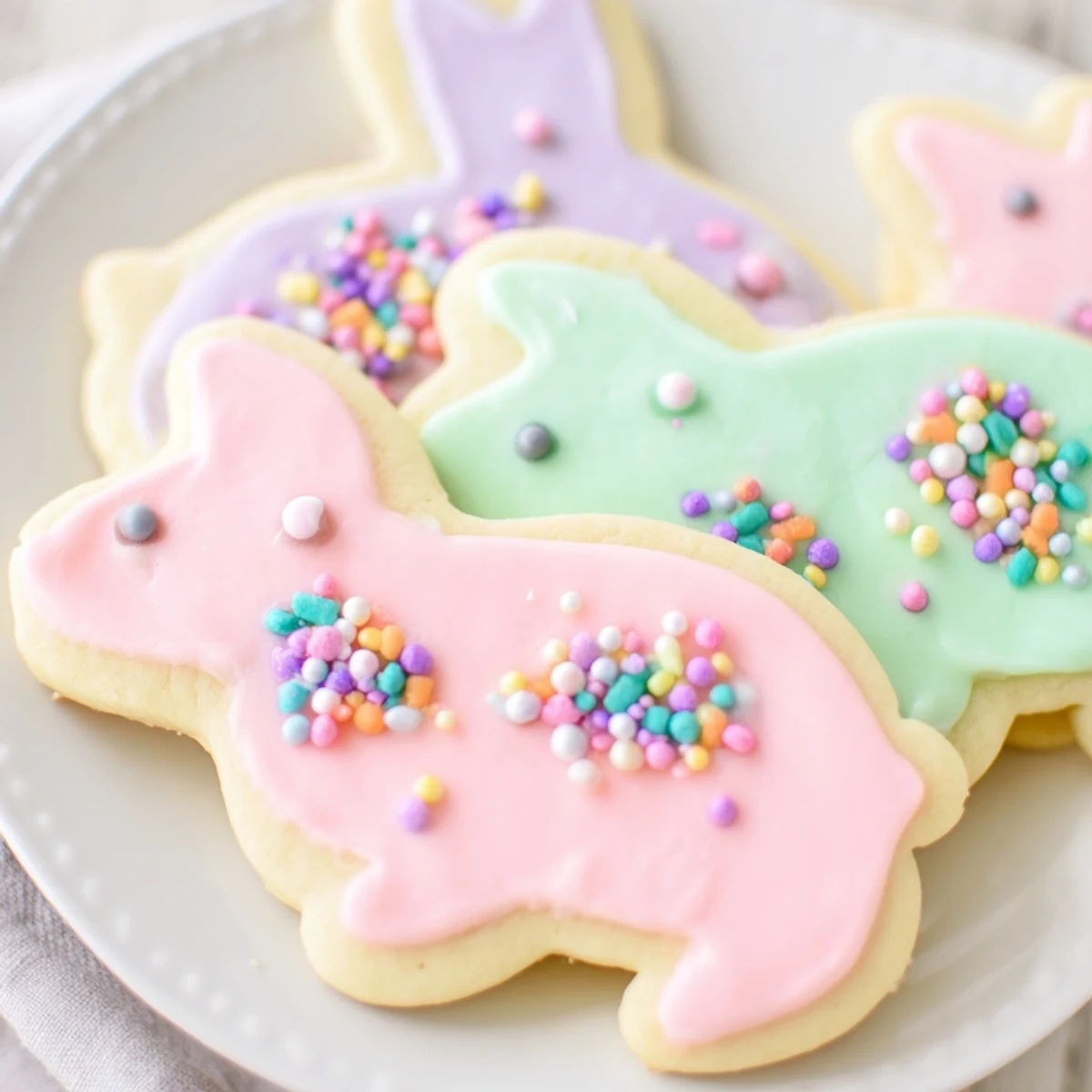 Close-up of decorated Easter Bunny Sugar Cookies with candy eyes and sprinkles, served on a pastel plate for spring gatherings.