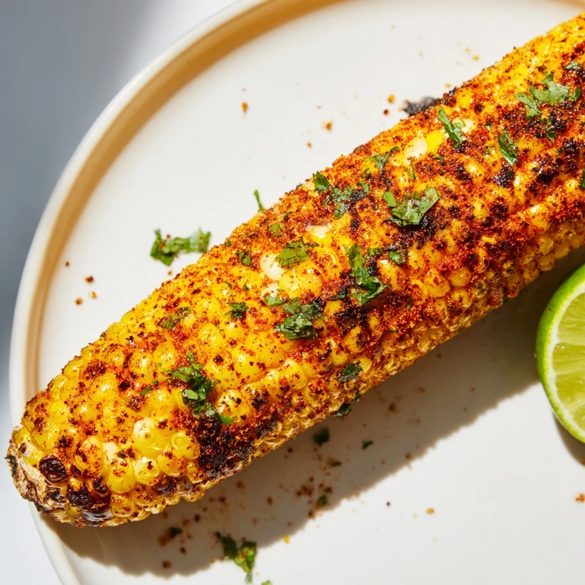 Four ears of golden Cajun Spiced Roasted Corn on the Cob sit on a rustic tray, lightly charred and glistening with spiced oil.
