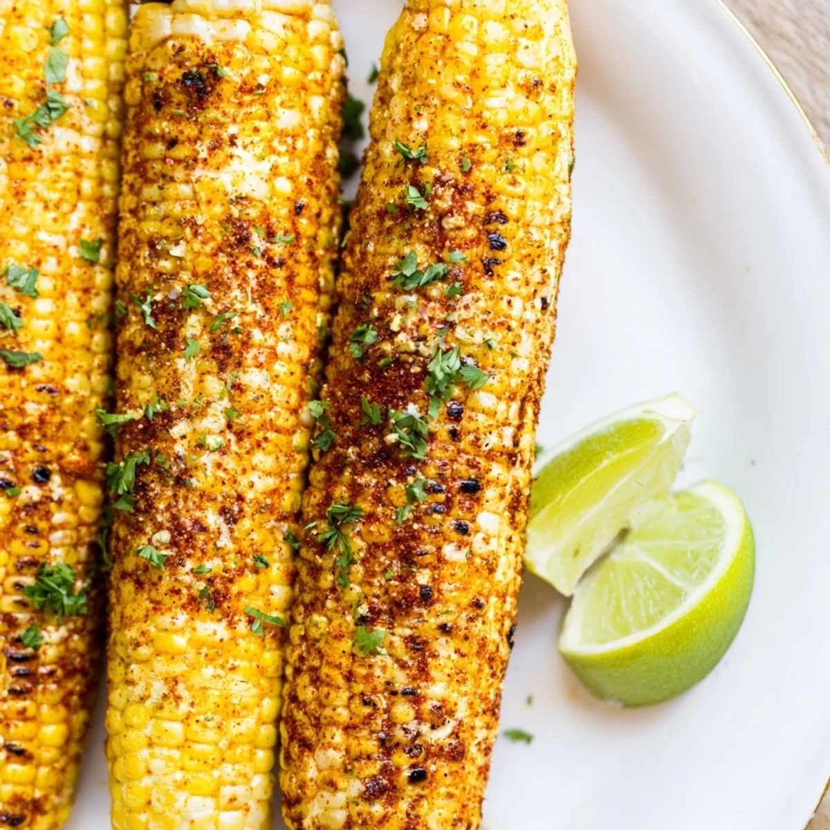 Perfectly charred Cajun Spiced Roasted Corn on the cob is garnished with fresh parsley and lime wedges for a bright squeeze.