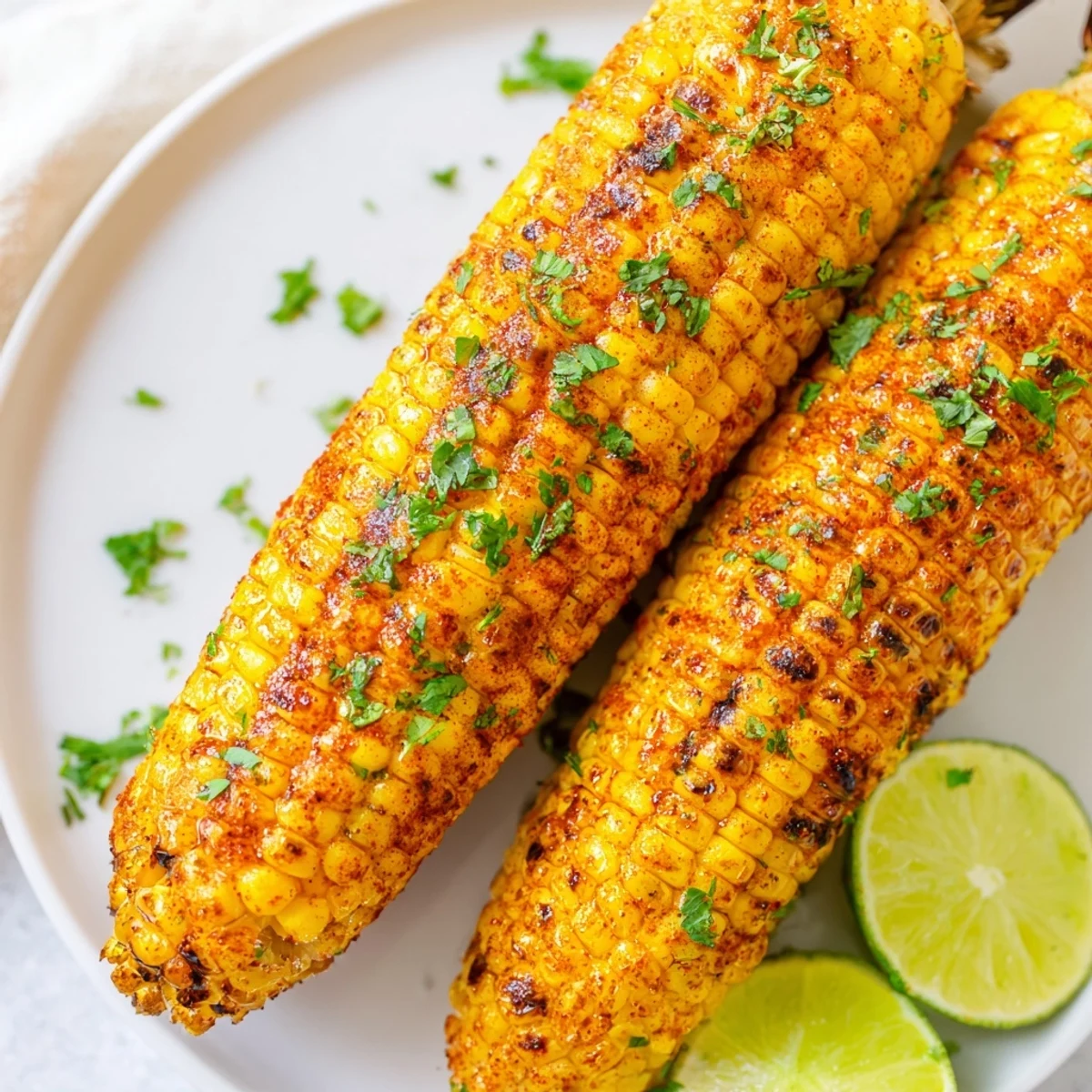 A close-up of Cajun Spiced Roasted Corn on the Cob highlights smoky spice flecks and tender, buttery kernels ready to eat.