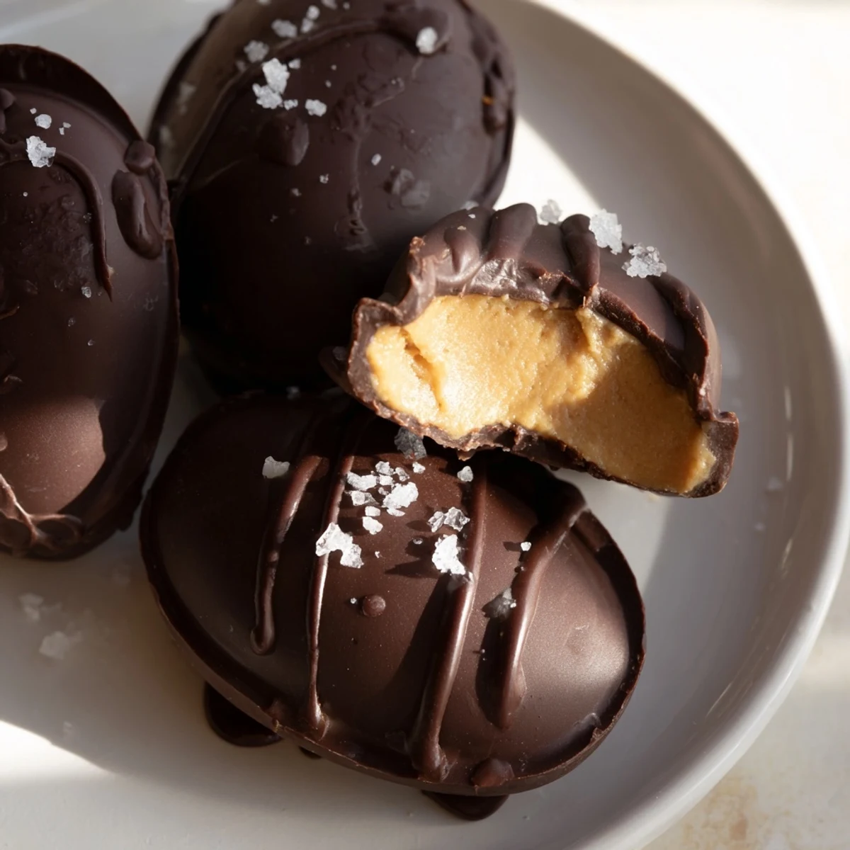 Decadent homemade chocolate peanut butter eggs with smooth filling, arranged on a parchment-lined tray, perfect for Easter celebrations or sweet cravings.