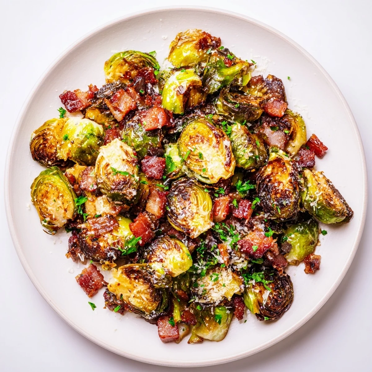 Roasted Brussels Sprouts with Beef Bacon, garnished with parsley on a rustic platter for a family-style meal.