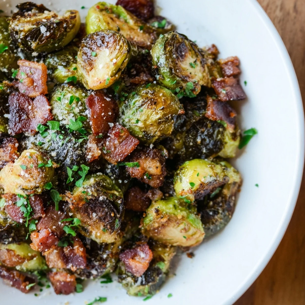 Roasted Brussels Sprouts with Beef Bacon, tender sprouts mingling with crispy beef bacon bits for a smoky, rich flavor.