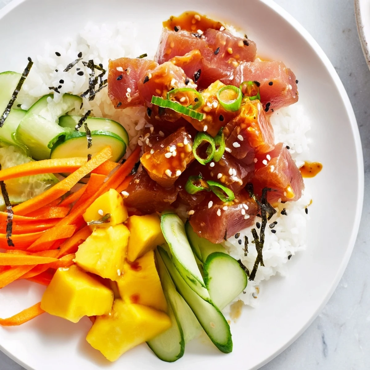 Colorful spicy tuna poke bowl with diced mango, avocado, cucumber, and julienned carrot over seasoned sushi rice, garnished with nori strips and sesame seeds.