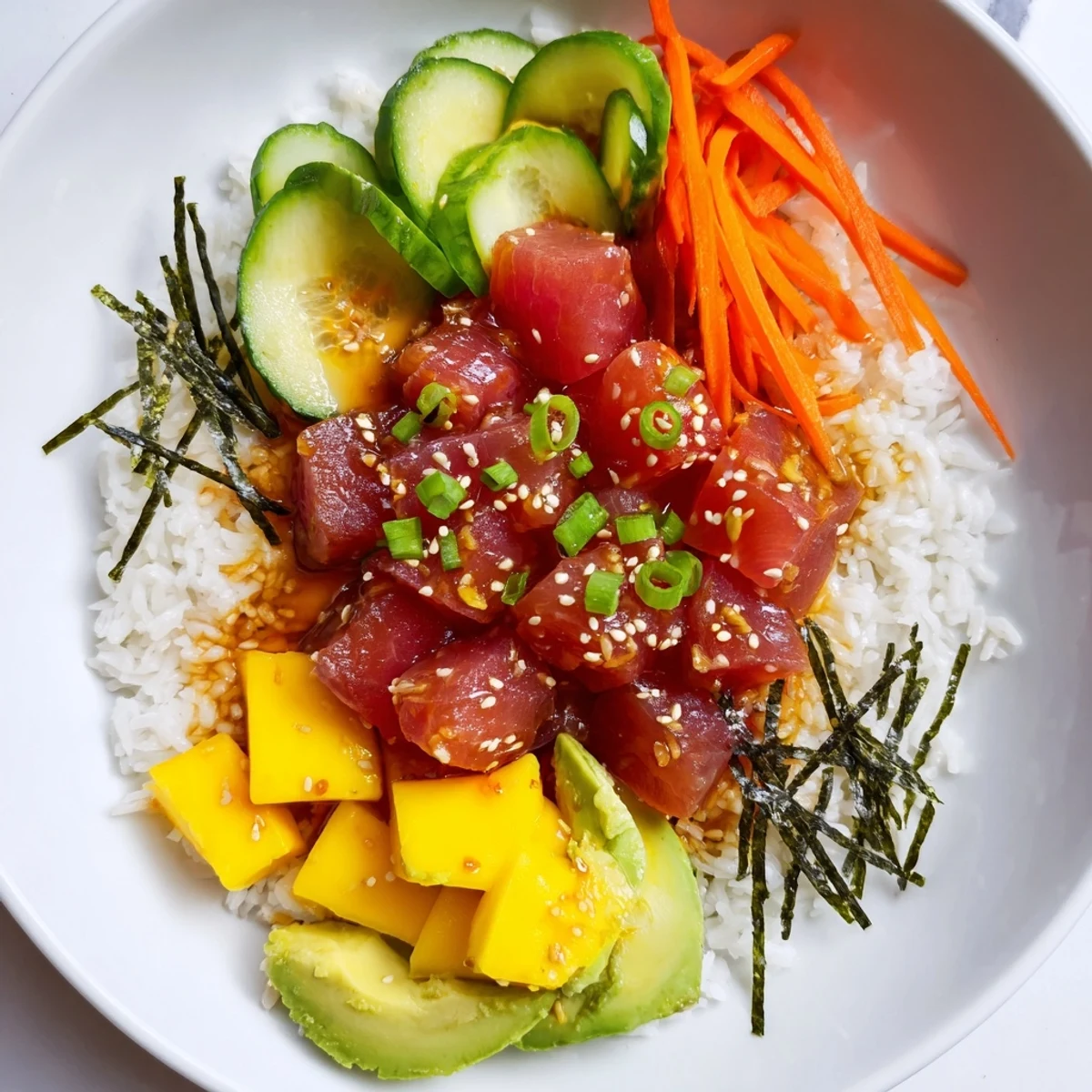 Overhead view of a vibrant spicy tuna poke bowl with mango, avocado, cucumber, and nori strips, drizzled with sriracha and served with lime wedges.