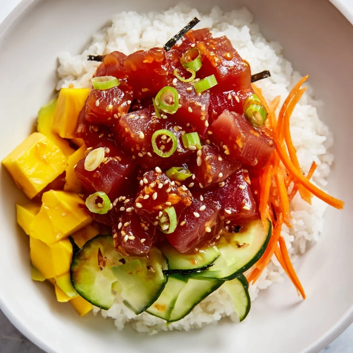 Freshly assembled spicy tuna poke bowl featuring marinated tuna, sweet mango, and crisp vegetables on a bed of sushi rice, topped with black sesame seeds.