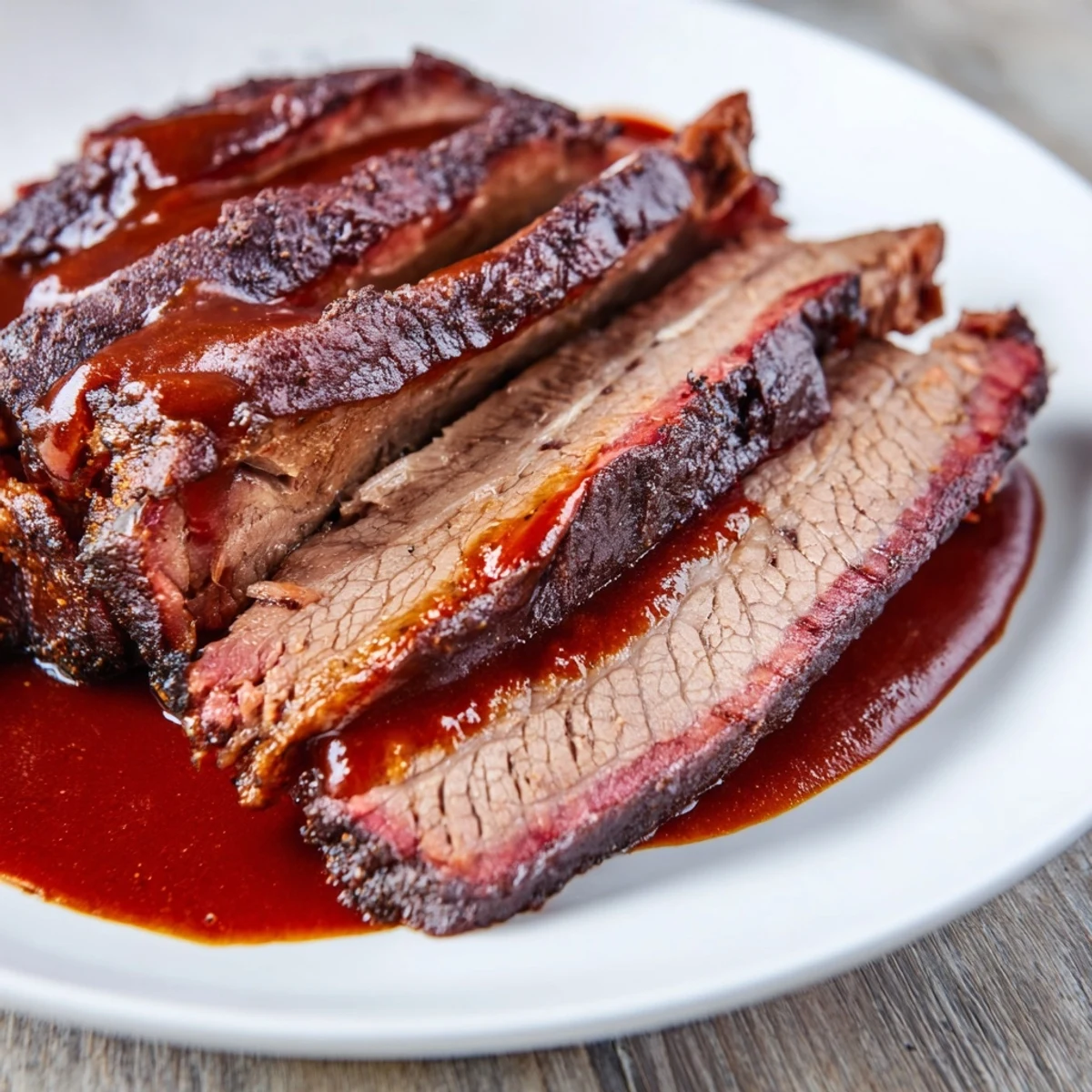 Slow Cooked Beef Brisket with BBQ Sauce, tender and sliced, served with tangy sauce on a platter.