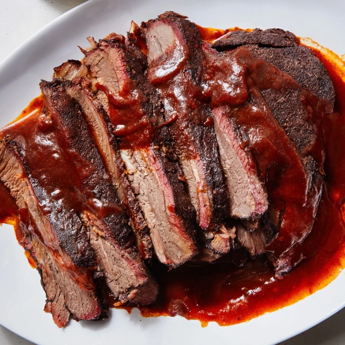 A hearty slice of Slow Cooked Beef Brisket with BBQ Sauce, glistening with homemade glaze, ideal for a gathering.