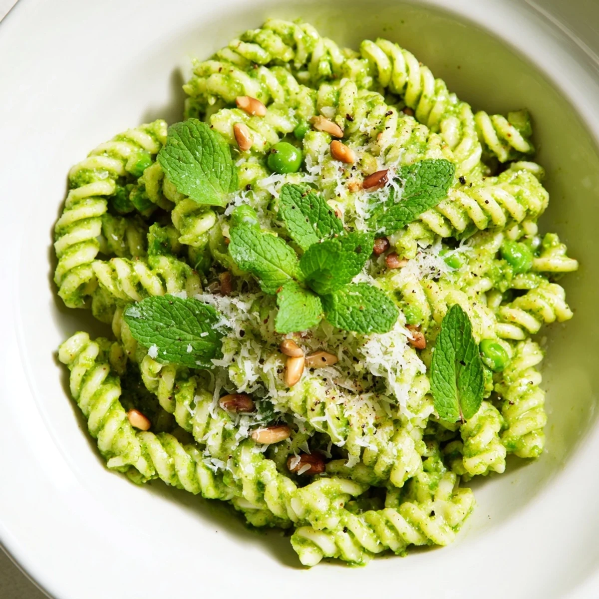 Serving suggestion for Spring Pea and Mint Pesto Pasta alongside a crisp salad, highlighting the creamy texture and fresh herbs.