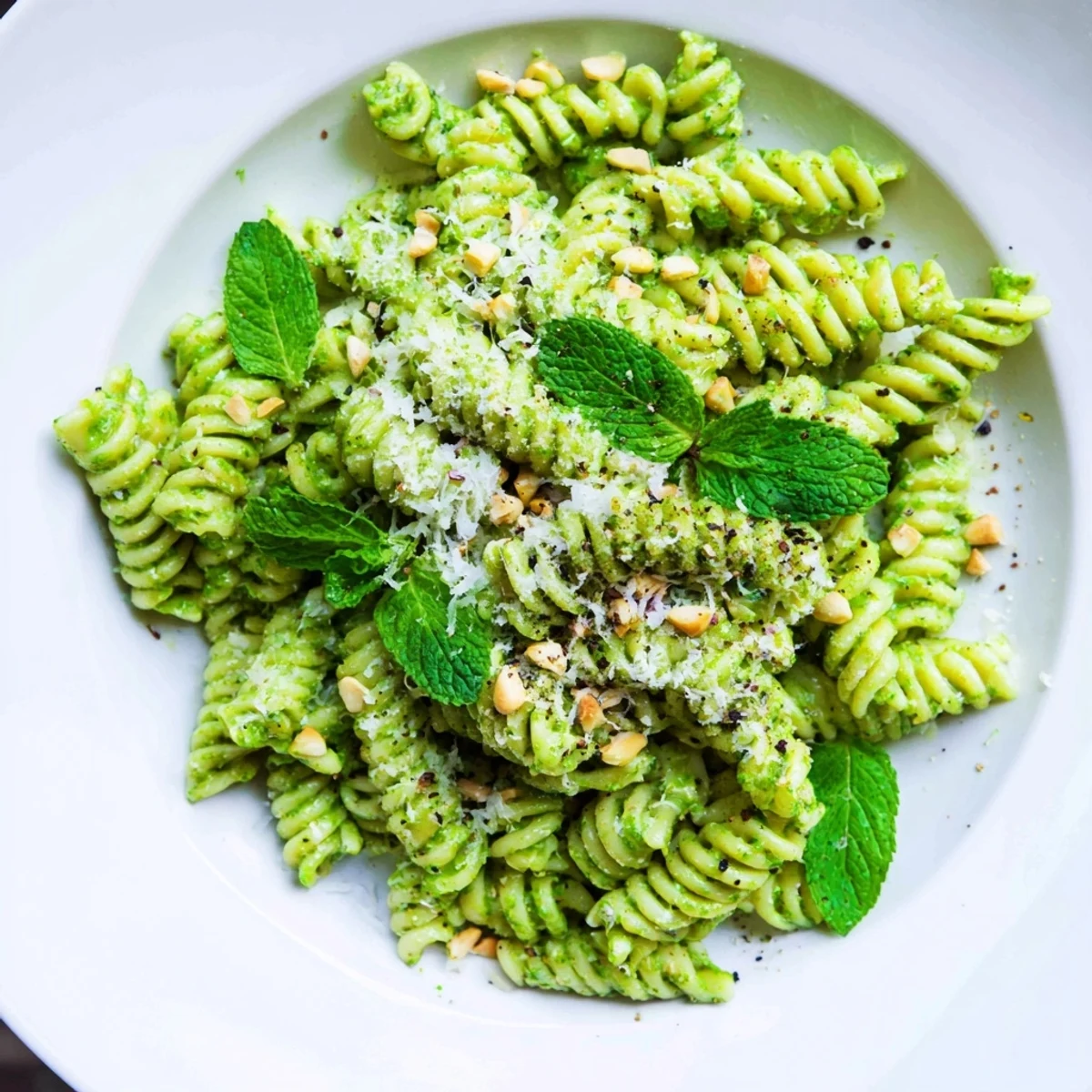 A close-up of vibrant green Spring Pea and Mint Pesto Pasta in a white bowl, garnished with extra mint leaves and lemon zest.  
