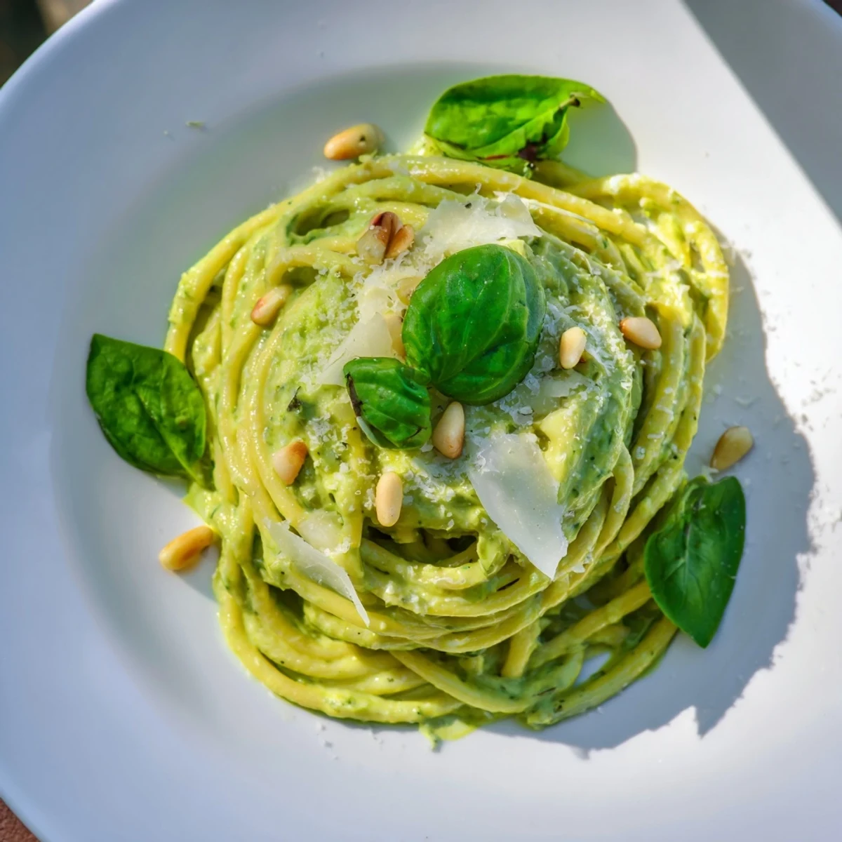Creamy avocado and spinach pasta with fresh basil and toasted pine nuts garnish on a plate.  