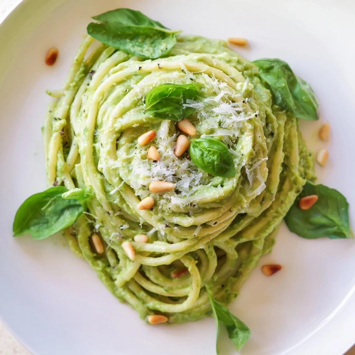 Velvety avocado spinach pasta sauce coats spaghetti, with lemon juice and Parmesan in a bowl.  