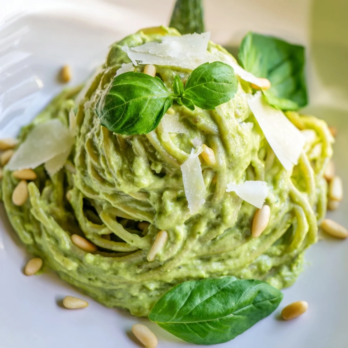 Served creamy avocado and spinach pasta garnished with fresh basil, ready for a comforting meal.